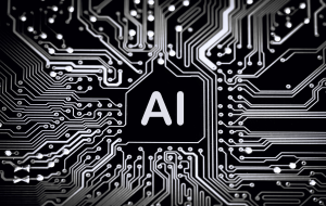 AI over black and white computer chip.