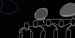 A black background with line drawing of people standing together with speech bubbles above them.