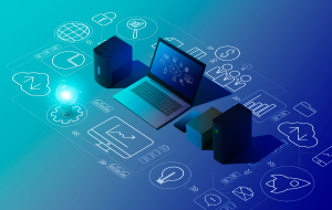 Laptop and computers on blue background with digital symbols.