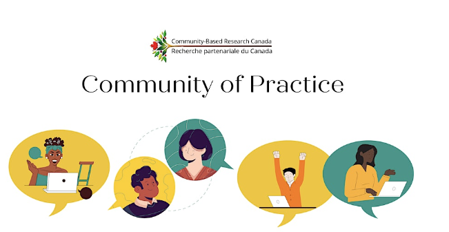 Illustration for Community-Based Research Canada’s Community of Practice, featuring diverse individuals engaging in activities with laptops, accompanied by the organization's logo.