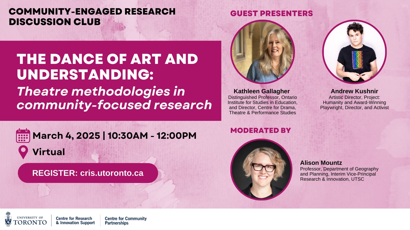 Poster for session with photos of panelists on a pink background