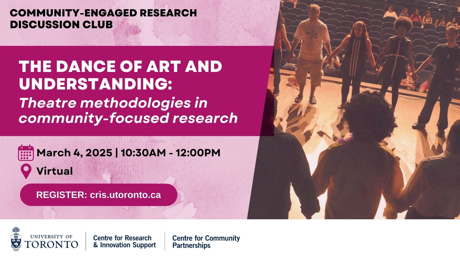 Promotional banner for a virtual event titled 'The Dance of Art and Understanding: Theatre methodologies in community-focused research.' Organized by the University of Toronto's Centre for Research and Innovation Support and Centre for Community Partnerships. Scheduled for March 4, 2025, from 10:30 AM to 12:00 PM. Features an image of people holding hands in a circle on a stage