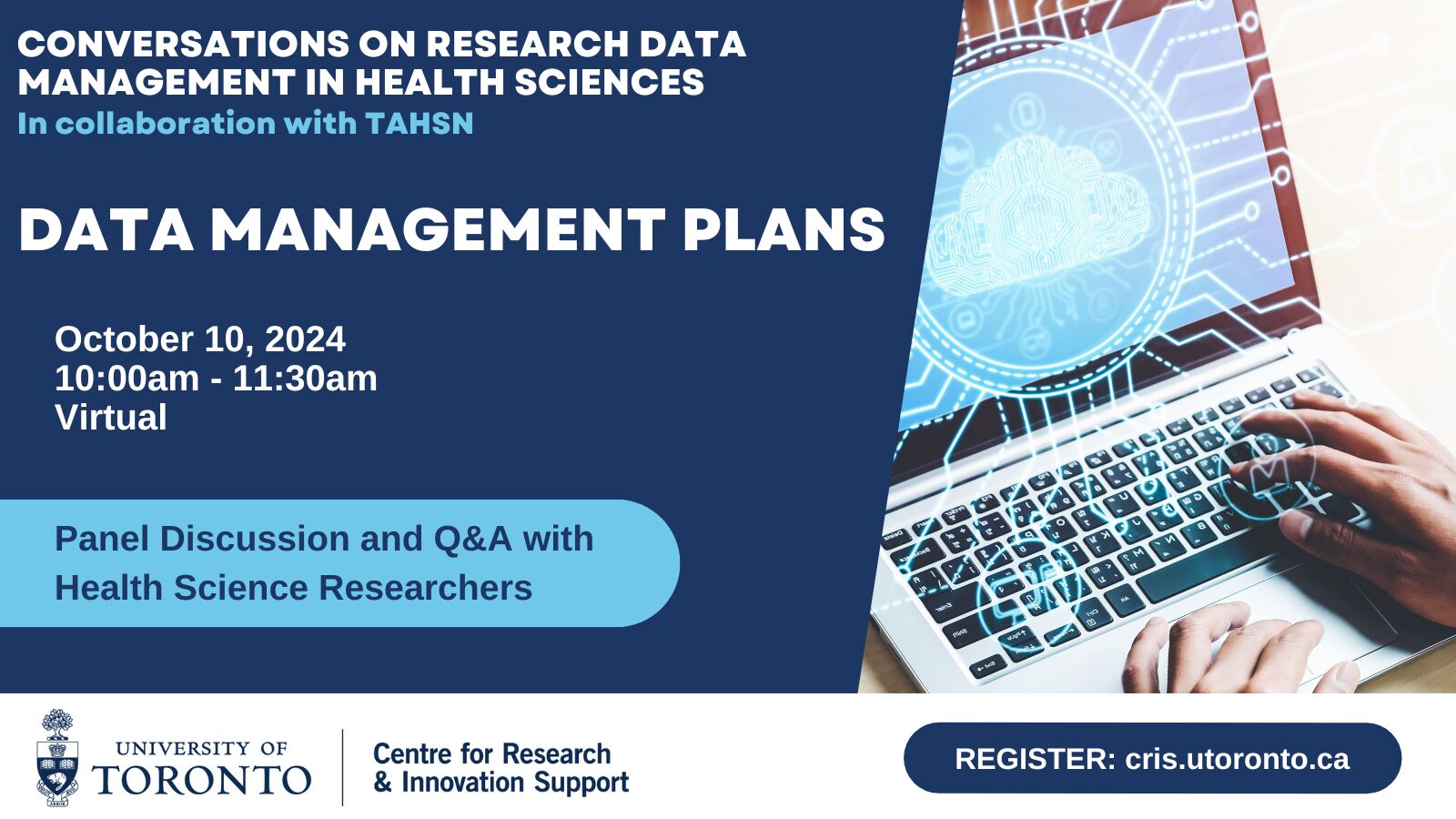 Promotional poster for a webinar series titled "Conversations on Research Data Management in Health Sciences in Collaboration with TAHSN" on the topic of Data Management Plans featuring a panel discussion and Q&A. The poster is blue and white and features a picture of a laptop computer.