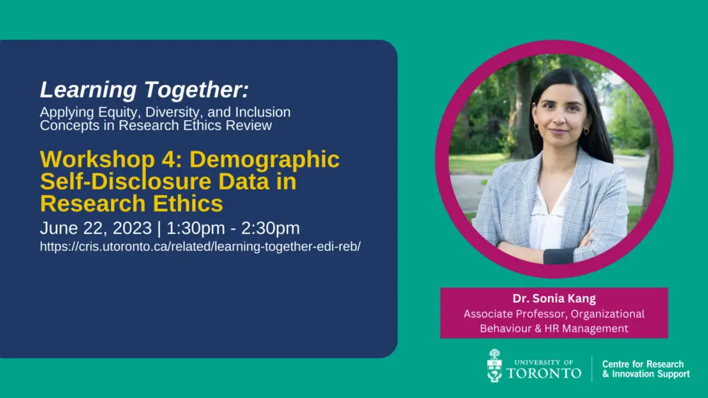 This image is a poster for this session with the title, date, and wordmark for the Centre for Research & Innovation Support. It also includes a head shot of Dr. Sonia Kang.