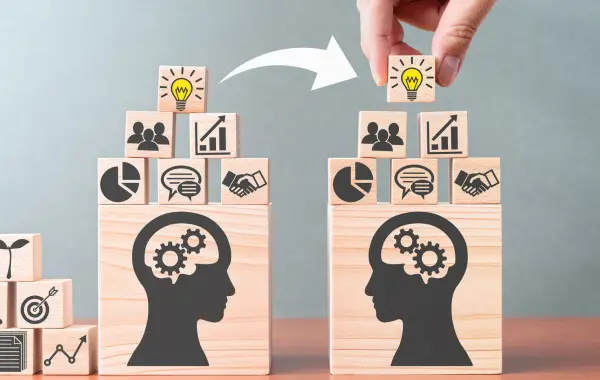 This is a photo with two large wooden boxes that have a black silhouette of a human head. Each of the wooden boxes have smaller wooden boxes on top featuring images of a lightbulb, pie chart, bar graph, people and a handshake. This image is a representation of knowledge exchange.