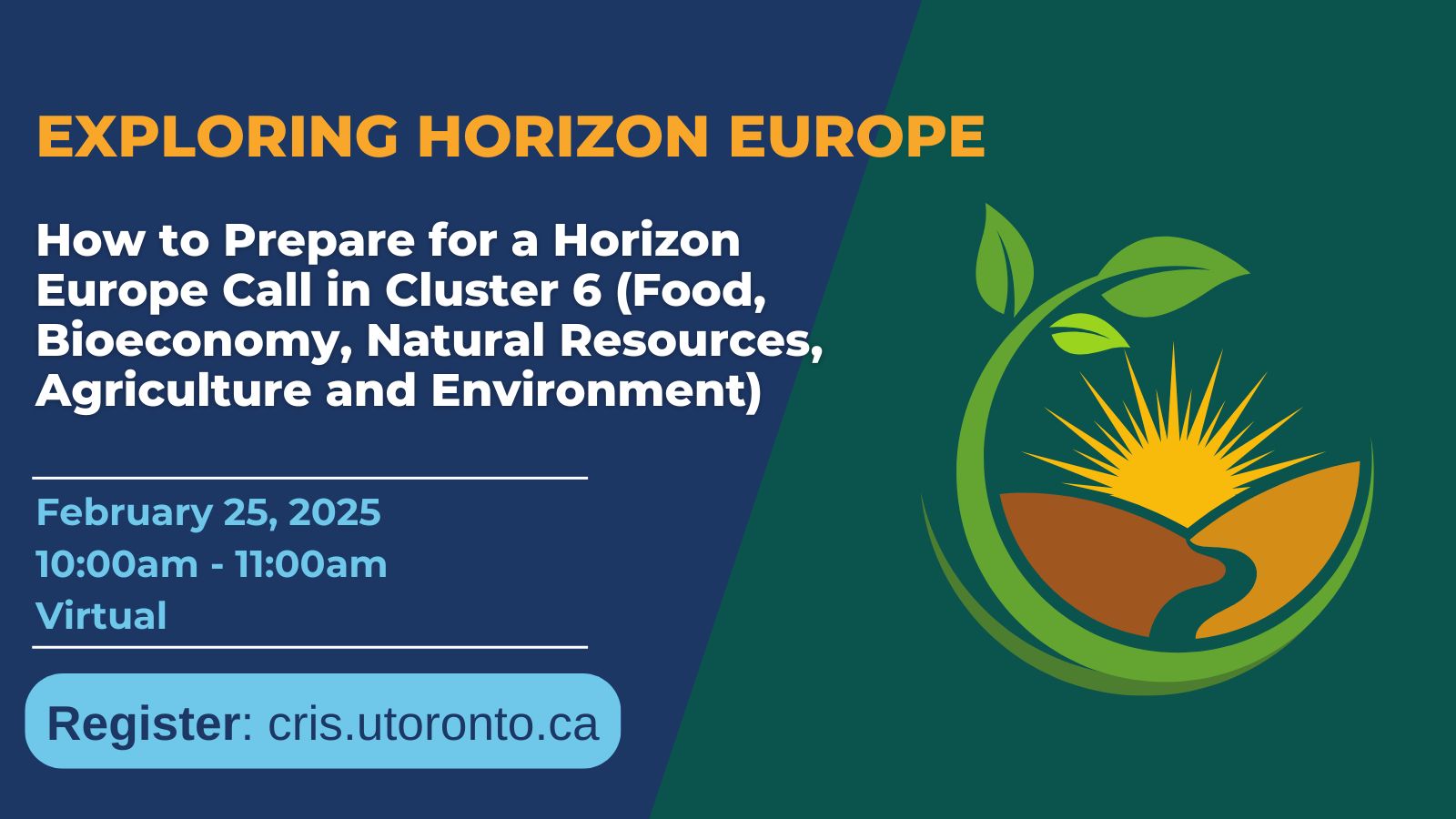 Event poster for "Exploring Horizon Europe," focusing on preparing for Cluster 6 (Food, Bioeconomy, Natural Resources, Agriculture, and Environment) calls. Scheduled for February 25, 2025, 10:00–11:00 AM (virtual).