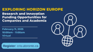 Graphic promoting a virtual event titled 'Exploring Horizon Europe: Research and Innovation Funding Opportunities for Companies and Academia.' The event is scheduled for February 11, 2025, from 10:00 AM to 11:00 AM. A registration link is provided: cris.utoronto.ca. The design includes a network icon with interconnected figures over a dark blue background.