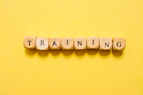 Training written on wooden blocks on yellow background