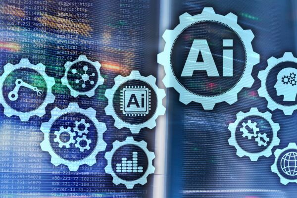 Graphic of gears and AI symbols.