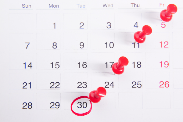Calendar with red pins and circled date.