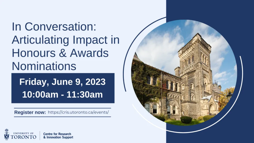 This image is a poster for this session with the title, date, and wordmark for the Centre for Research & Innovation Support. This poster also includes a building photo of Hart House at University of Toronto.