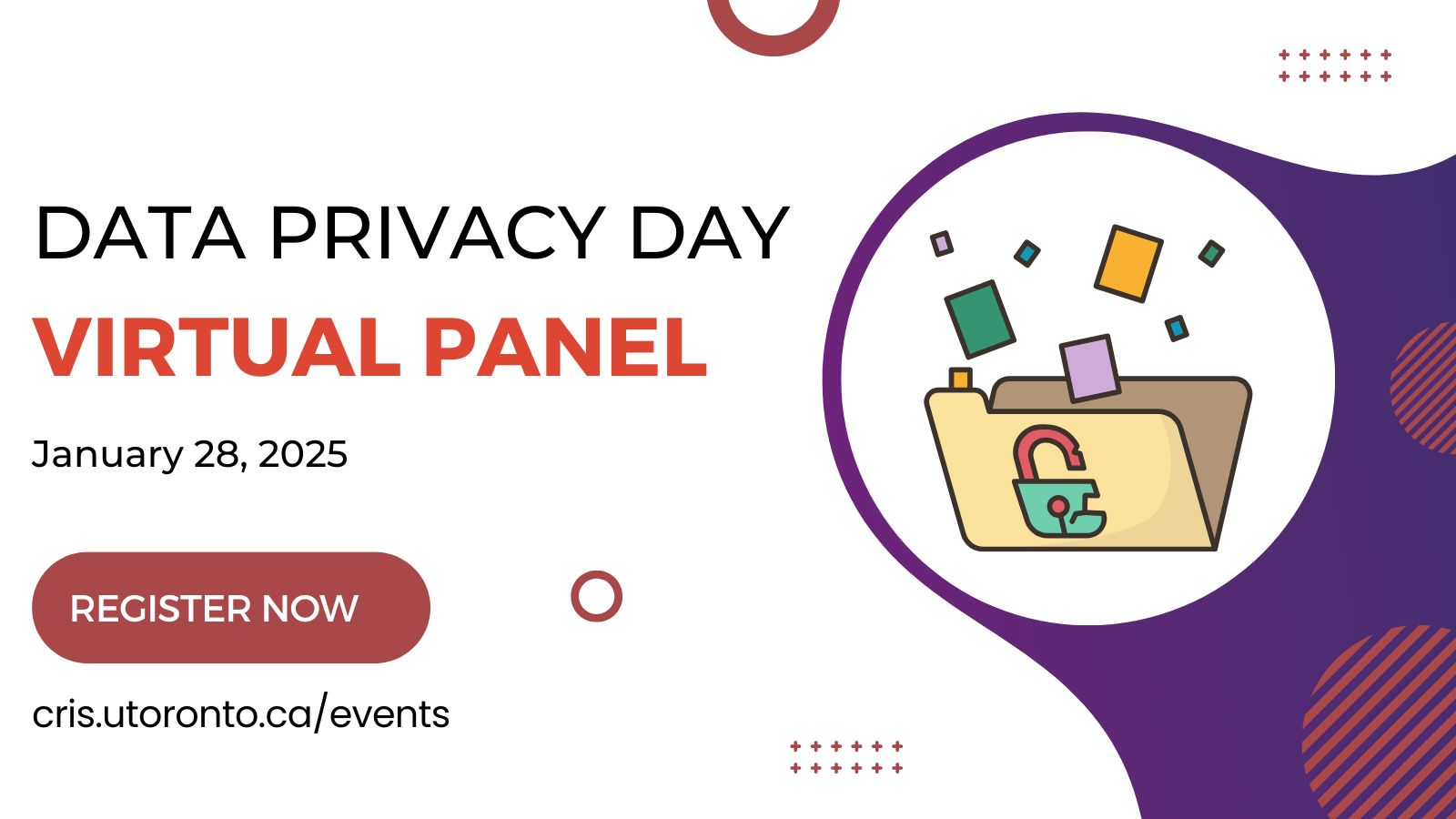 Promotional poster for 'Data Privacy Day Virtual Panel,' an event on January 28, 2025. Includes an illustration of a folder with an open lock.