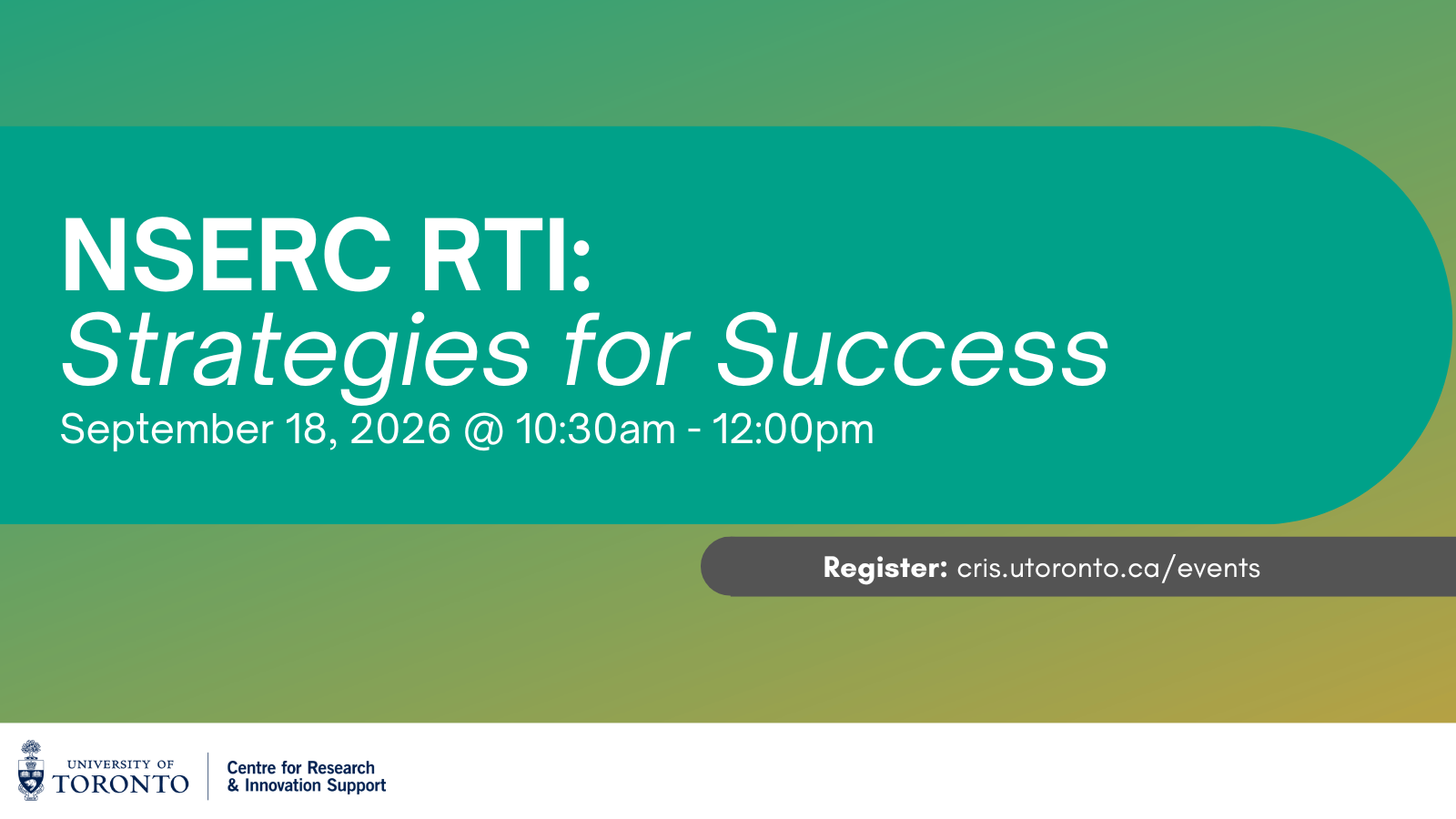 Promotional poster for NSERC RTI Strategies for Success webinar on September 18 2026