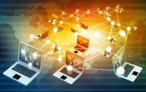 Network of computers over global map.