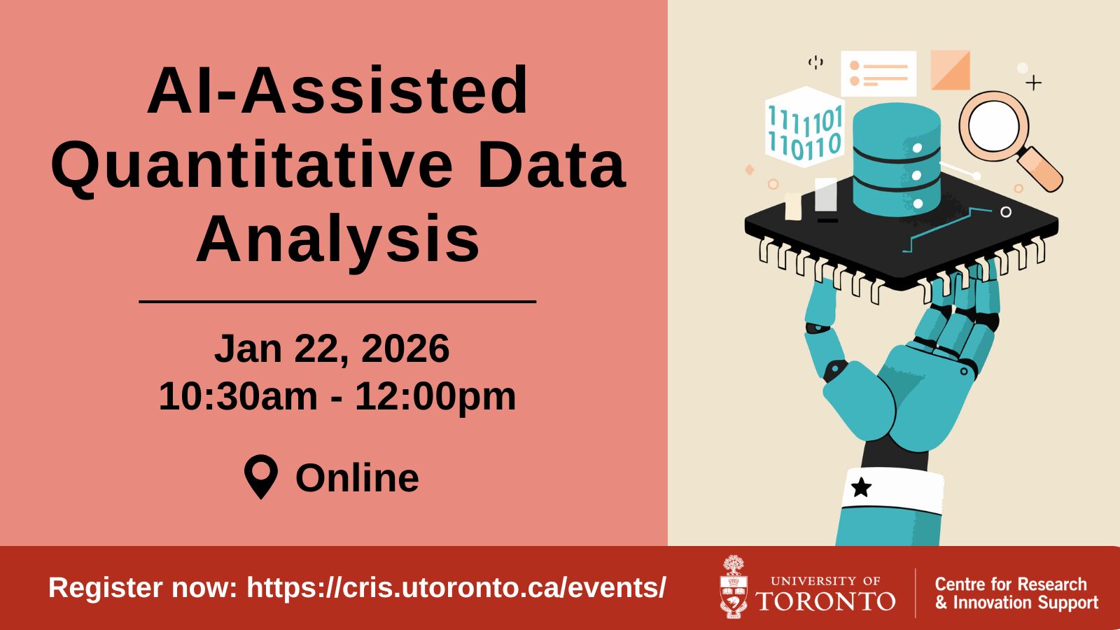 Promotional poster for AI-Assisted Quantitative Data Analysis webinar with registration information.