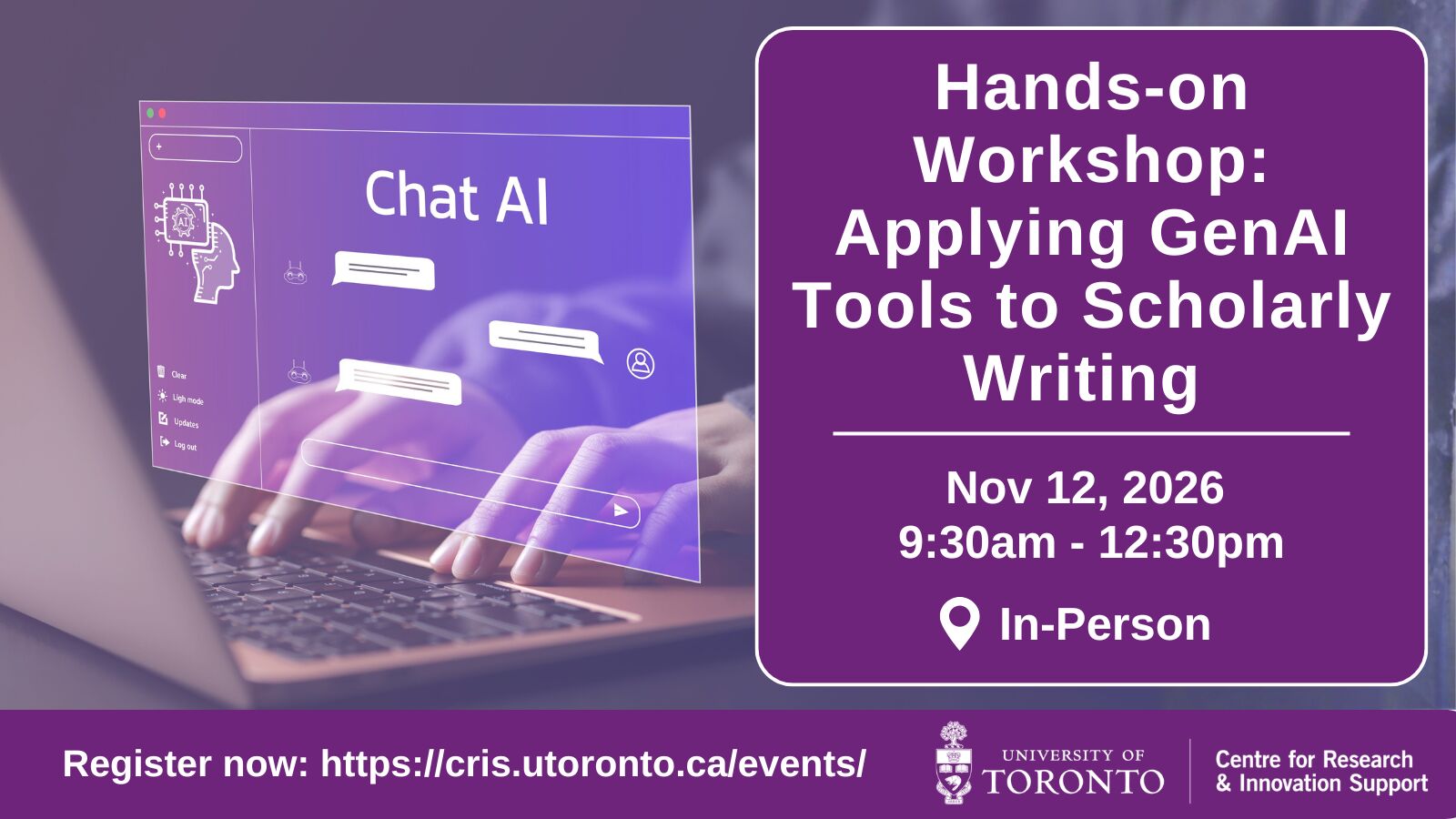 Promotional poster for AI and Scholarly Writing Workshop on Nov 12, 2026.