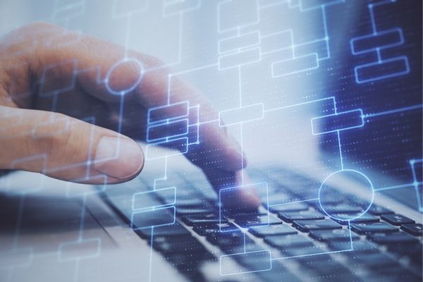 Hand at keyboard with virtual graphic of process plan map