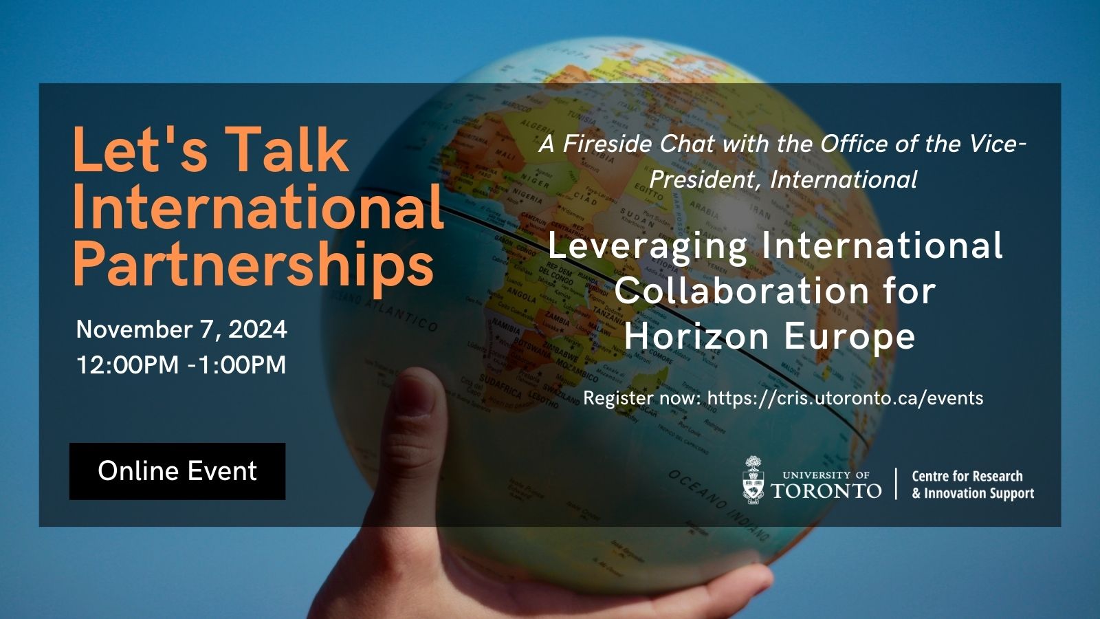 Image with text promoting an online event titled "Let's Talk International Partnerships" on November 7, 2024, focused on leveraging collaboration for Horizon Europe.