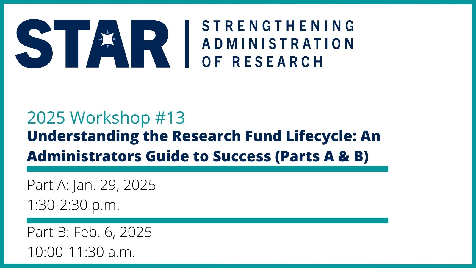 Promotional graphic for STAR Workshop #13 on research fund management.