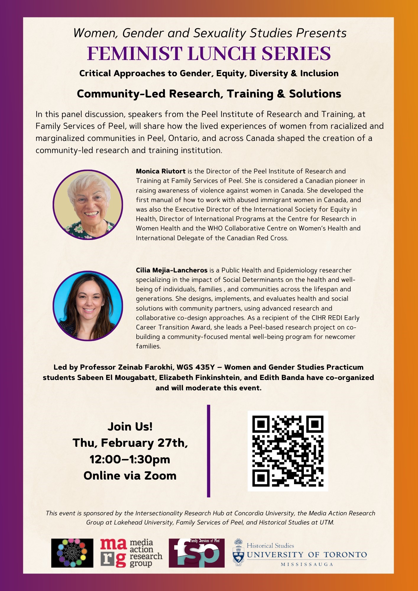 Flyer for the "Feminist Lunch Series" event on community-led research, featuring Monica Riutort and Cilia Mejia-Lancheros. Moderated by Professor Zeinab Farokhi and WGS 435Y students. Held online via Zoom on Thursday, February 27th, 12:00–1:30 PM. Includes a QR code and sponsor logos.